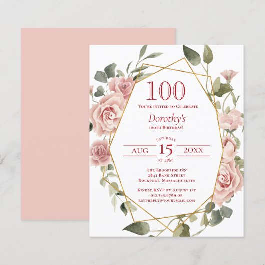 Budget Pink Floral 100th Birthday Uitnodiging (Voorkant / Achterkant)