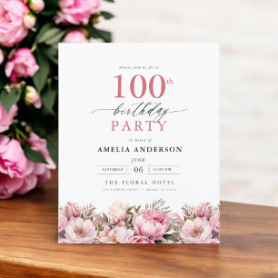 Budget Pink Floral 100th Birthday Uitnodiging Flyer
