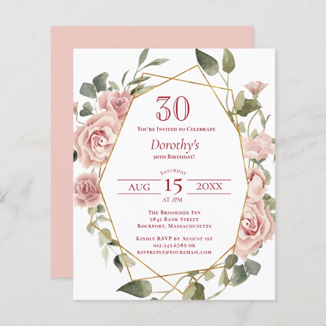 Budget Pink Floral 30th Birthday Invitation (Voorkant / Achterkant)