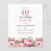 Budget Pink Floral 40th Birthday Invitation (Voorkant)