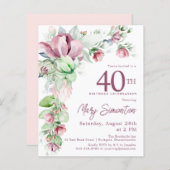 Budget Pink Floral 40th Birthday Invitation (Voorkant / Achterkant)
