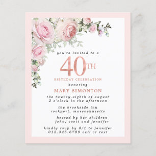 Budget Pink Floral 40th Birthday Invitation