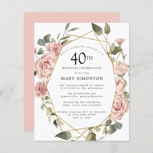 Budget Pink Floral 40th Birthday Invitation (Voorkant / Achterkant)