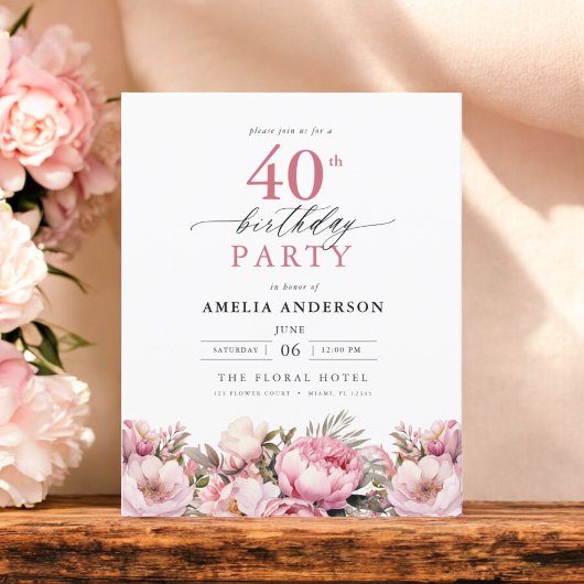 Budget Pink Floral 40th Birthday Invitation Flyer