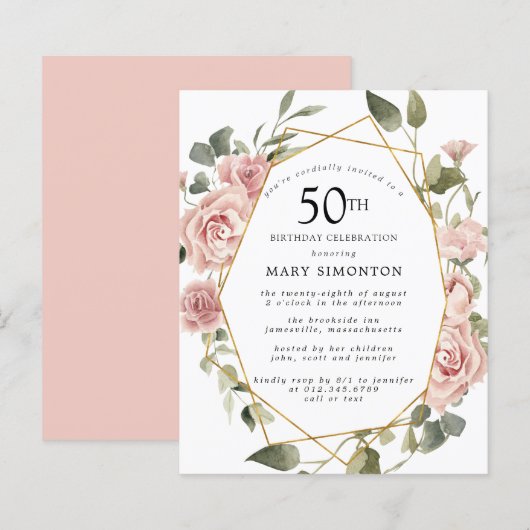 Budget Pink Floral 50th Birthday Uitnodiging (Voorkant / Achterkant)