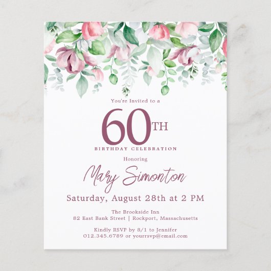 Budget Pink Floral 60th Birthday Invitation (Voorkant)