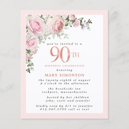 Budget Pink Floral 90th Birthday Invitation (Voorkant)