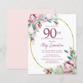 Budget Pink Floral 90th Birthday Invitation (Voorkant / Achterkant)