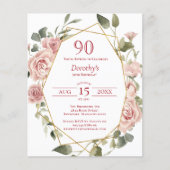 Budget Pink Floral 90th Birthday Invitation (Voorkant)