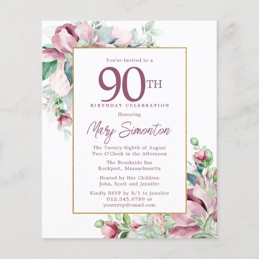 Budget Pink Floral 90th Birthday Invitation (Voorkant)