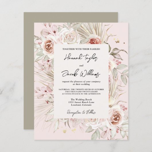 Budget PInk Floral Boho Rustic Wedding Uitnodiging (Voorkant / Achterkant)