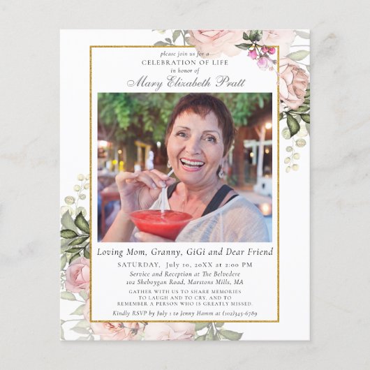 Budget Pink Floral Funeral Photo Invitation (Voorkant)