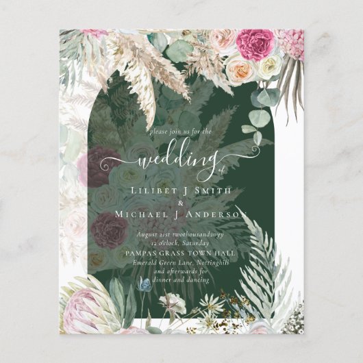 BUDGET Pink Floral Pampas Grass Wedding Flyer (Voorkant)