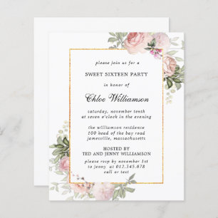 Budget Pink Floral Sweet 16 Party Invitation