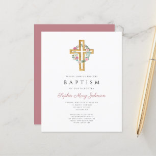 Budget Pink Floral Wreator Cross Baptism Uitnodigi