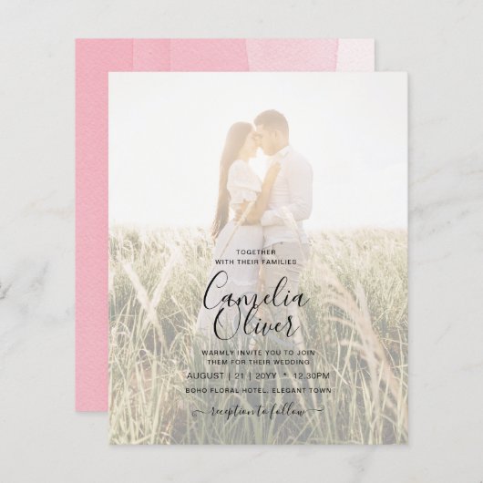 BUDGET Pink Ombre PHOTO OVERLAY Wedding Invitae (Voorkant / Achterkant)