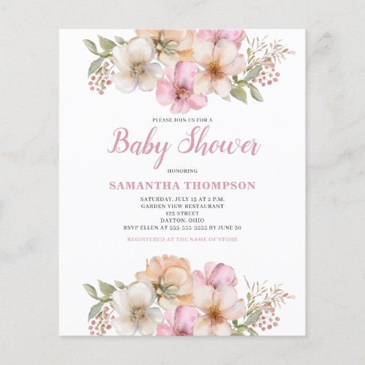 Budget Pink Peach Floral Baby shower Invitation Flyer (Voorkant)