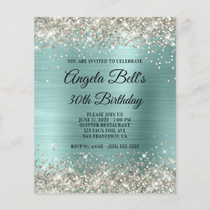 Budget platina glitters licht turquoise uitnodigin