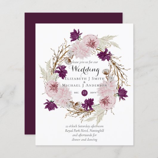 Budget Plum Blooms Blush Wreath Wedding Invites (Voorkant / Achterkant)