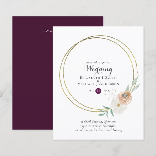 BUDGET Plum en Peach Floral Wedding Invitation (Voorkant / Achterkant)