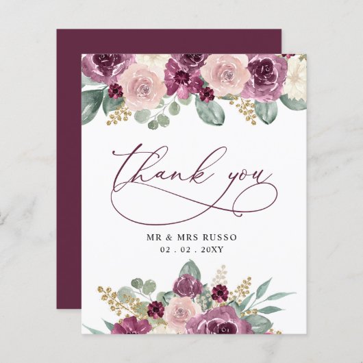 Budget Plum Floral Wedding Carte de remerciement (Devant / Derrière)