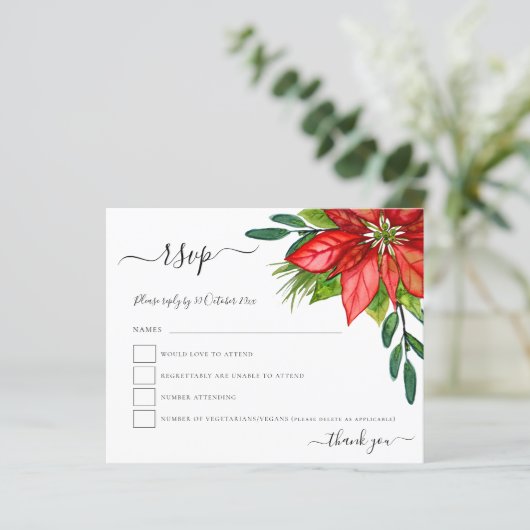 Budget Poinsettia Foliage kerstbruiloft RSVP (Staand voorkant)
