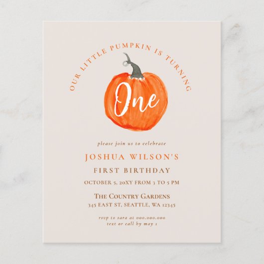 Budget pomkin eerste verjaardag uitnodiging (Voorkant)