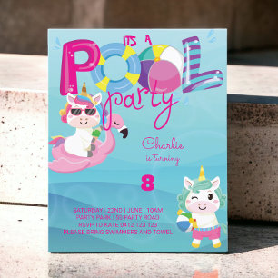 BUDGET Pool Party Unicorn Birthday Uitnodiging