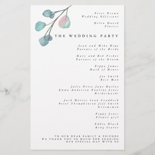 Budget Programme Minimaliste de Mariage Eucalyptus (Dos)