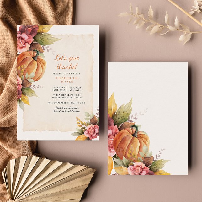Budget Pumpkin Floral Thanksgiving Dinner Invites (Lets Give Thanks Fall Pumpkin Dinner Invitation)