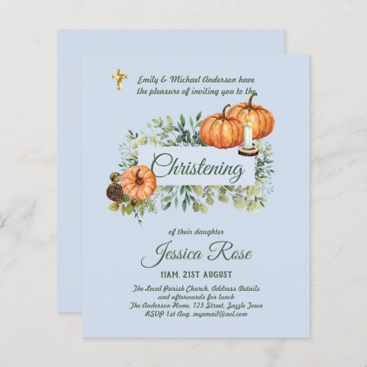 BUDGET PUMPKINS Boys Christening Invites Baptisme (Voorkant / Achterkant)