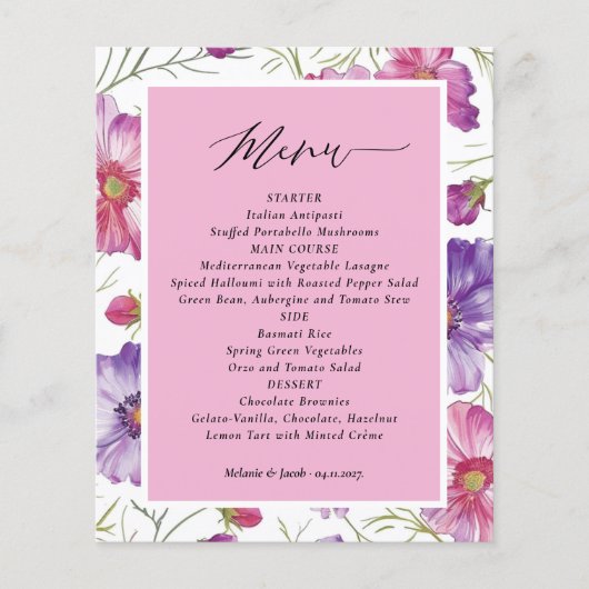 Budget Purple and Pink Floral Wedding  Menu (Devant)