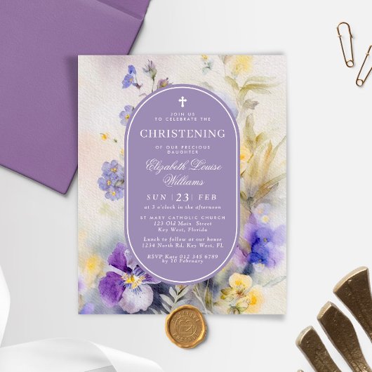 Budget Purple Flowers doopuitnodiging