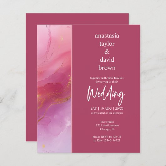 Budget Purple Pink Modern Wedding Invitation (Voorkant / Achterkant)