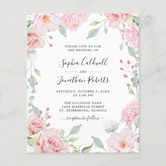 Budget QR Code Details Rozen Bruiloftsuitnodiging (Voorkant)