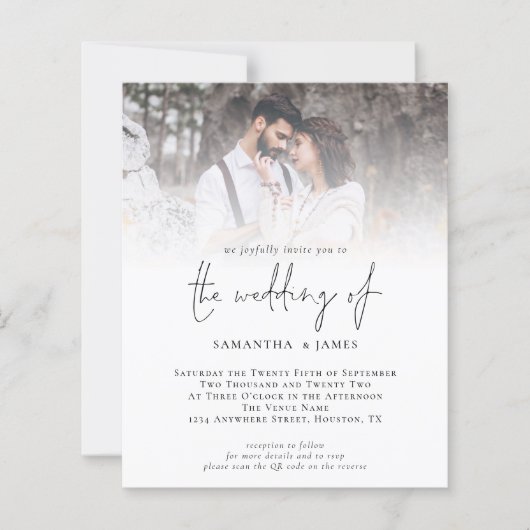 Budget QR Code Fotoscript bruiloft uitnodiging (Voorkant)