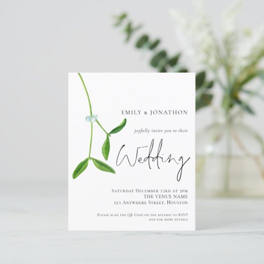 Budget QR Code Mistletoe kerstbruiloft Uitnodiging (Staand voorkant)