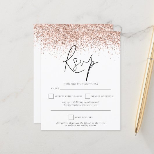 Budget QR Code Roos Gold Glitter Weddenschap RSVP (Voorkant / Achterkant in situ)
