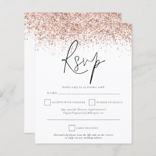 Budget QR Code Roos Gold Glitter Weddenschap RSVP (Voorkant / Achterkant)