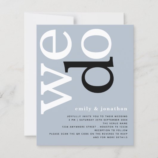 BUDGET QR code Stusty Blue Text Weddenschap Uitnod (Voorkant)