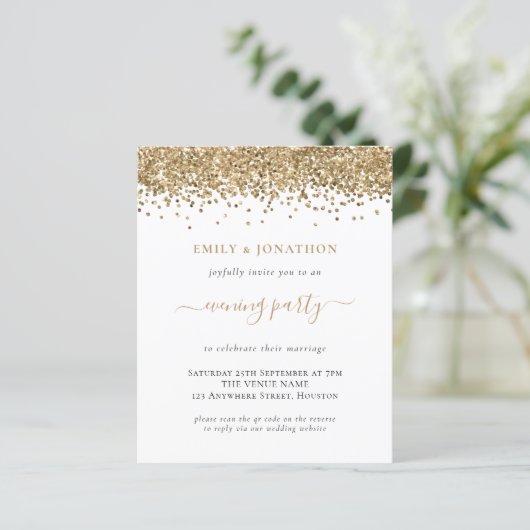 Budget QR Gold Glitter Evening Wedding Invite (Staand voorkant)