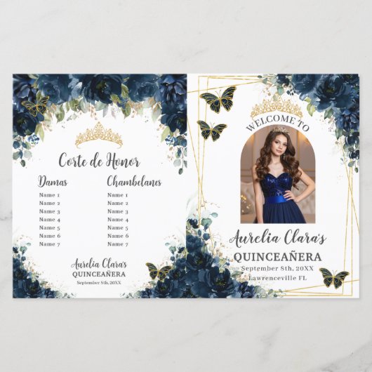 Budget Quinceañera 15 Navy Floral Padrinos Program (Voorkant)