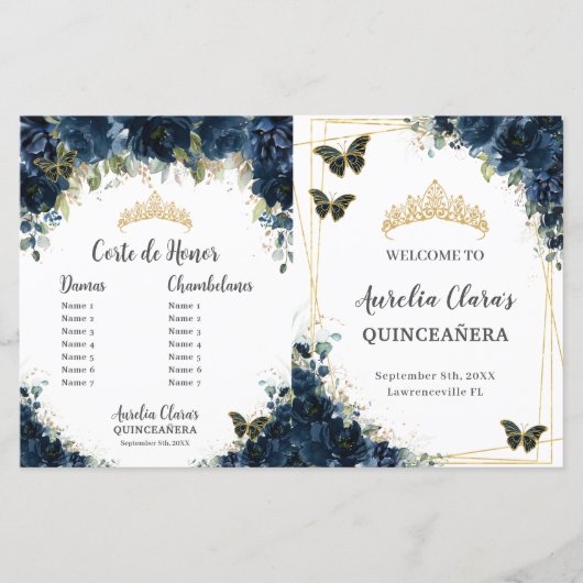 Budget Quinceañera 15 Navy Floral Padrinos Program (Voorkant)