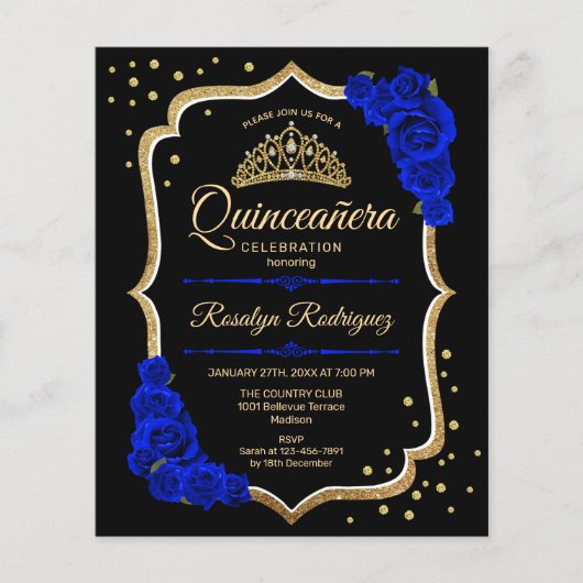 Budget Quinceanera - Black Gold Royal Blue Invite Flyer (Voorkant)