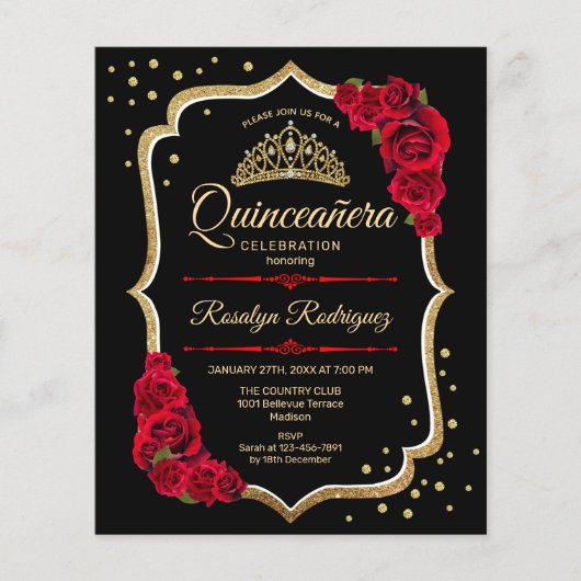 Budget Quinceanera - Black Red Gold Invitation Flyer (Voorkant)