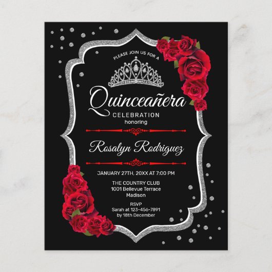 Budget Quinceanera - Black Silver Red Uitnodiging Flyer (Voorkant)