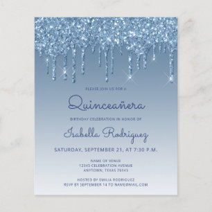 Budget Quinceañera Blauwe Glitter Drip Uitnodiging