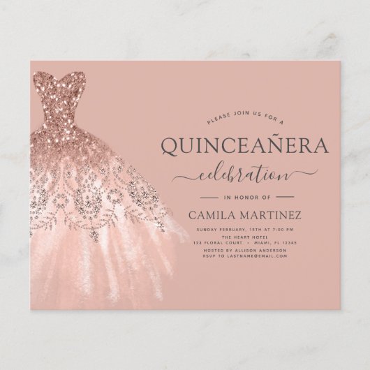 Budget Quinceanera Blush Pink Rose Gold Glitter Flyer (Voorkant)