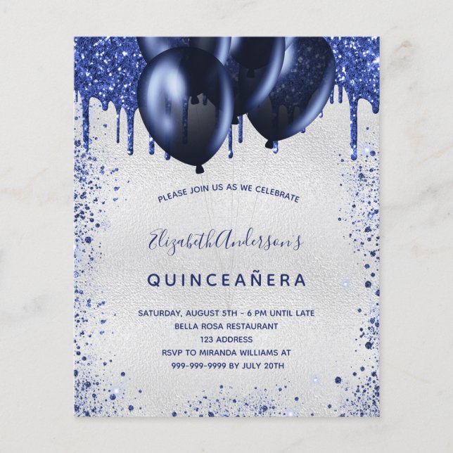 Budget Quinceanera marvy blue Silver-uitnodiging (Voorkant)