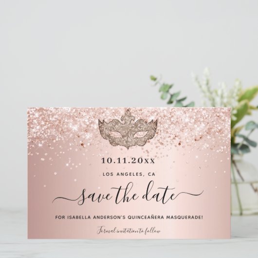 Budget Quinceanera masquerade rose gold carte de r (Debout devant)